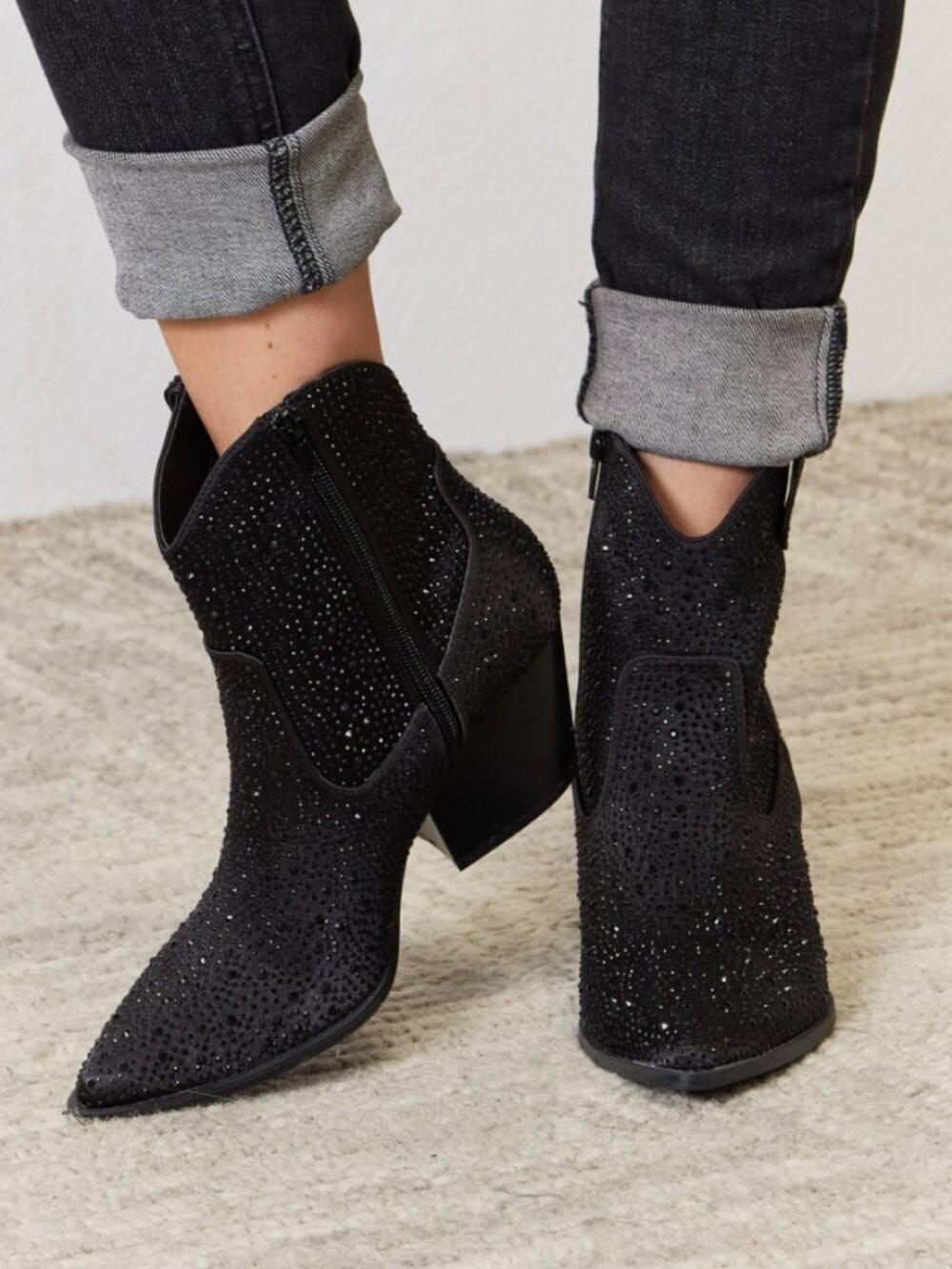 Black Rhinestone Cowboy Boots | Pointed Toe Western Ankle Booties